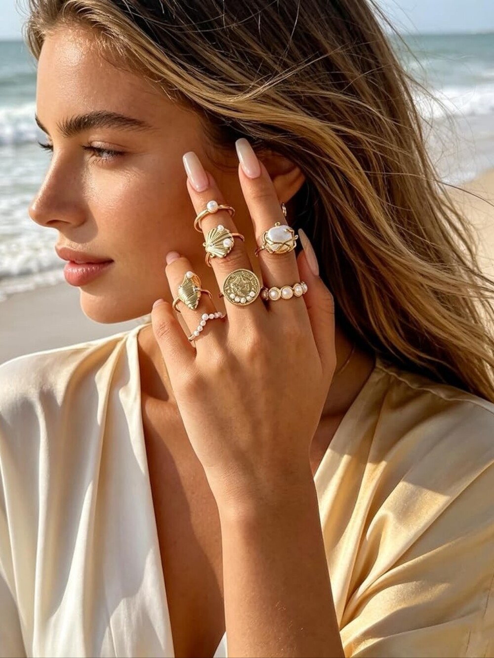 Chunky Pearl Stackable Ring Set Statement Stacking Rings Boho - Picture 2 of 5